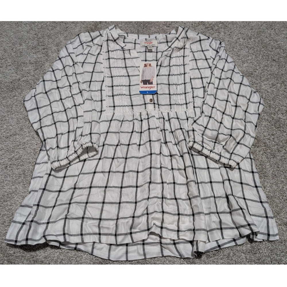 Wrangler Plaid Blouse Womens L White Black Grid Babydoll Lace Trim‎ Boho Western